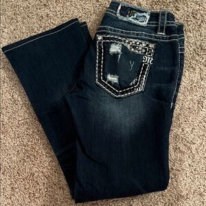 Miss Me Dark Blue Boot Cut Jeans with Embellished and Distressed Pockets, 28